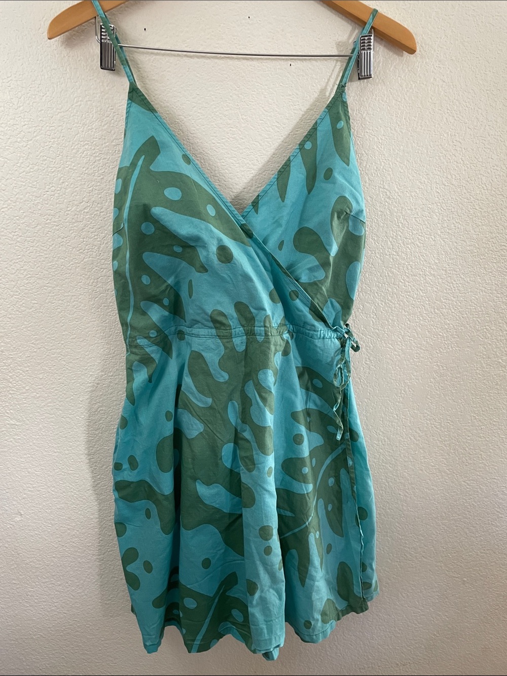 Patagonia Turquoise & Green Wrap dress pockets 100%organic cotton 18x34 sz10
